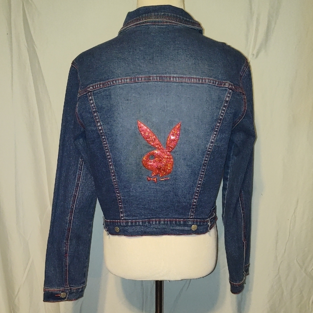 Playboy Denim Jacket with Incandescent Rabbit Head Cropped Jacket Y2K Size Large